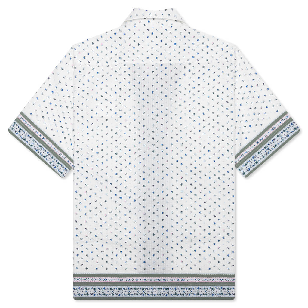 Floral Print Boxy Fit Shirt in Cotton Seersucker Cream Green