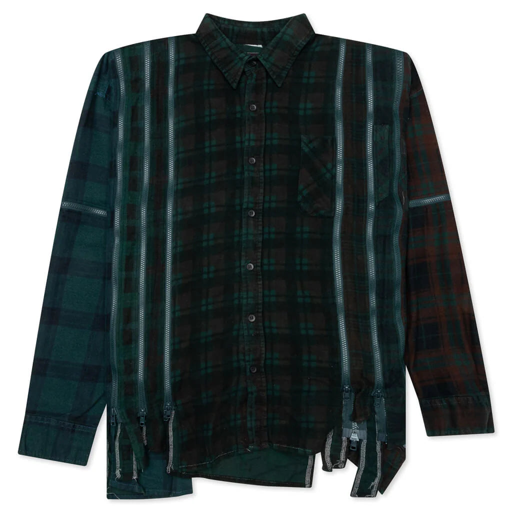 Flannel Shirt 7 Cuts Zipped Wide Shirt Over Dye Green