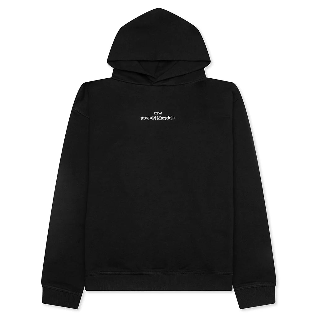 Upside Down Logo Hoodie Black White Embroidery