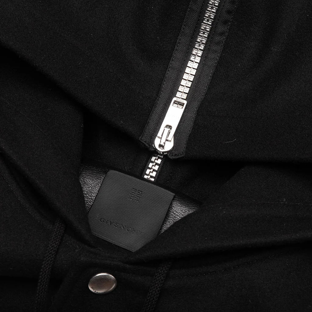 Hooded Varsity Jacket in Wool and Leather Black