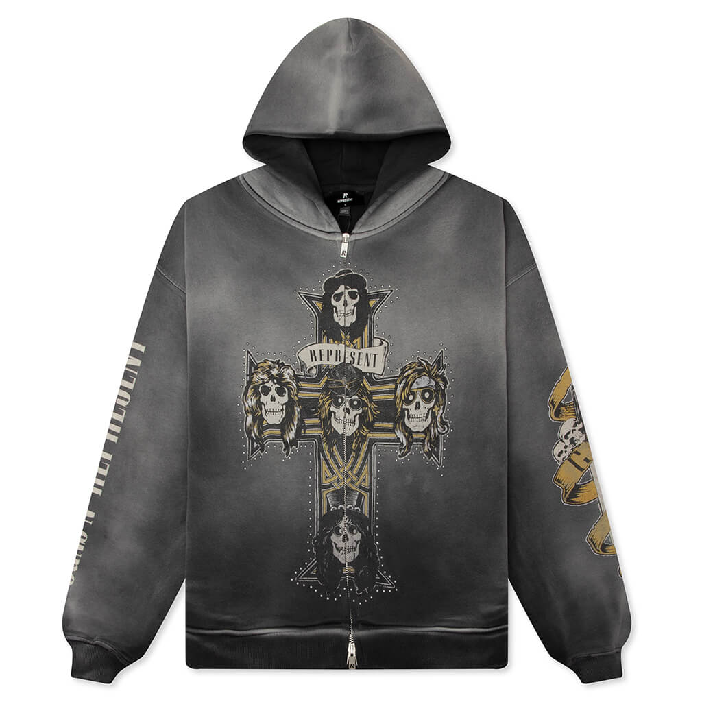 Represent x Guns N Roses Cross Zip Through Hoodie Stained Black