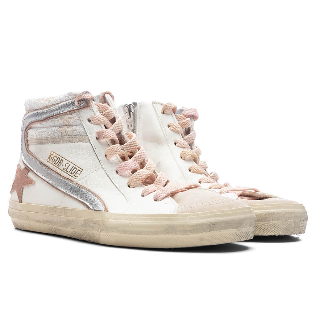 Womens Slide Suede Sneaker White Beige Silver