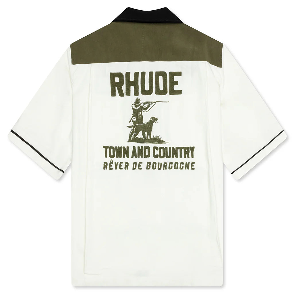 Town and Country Bowling Shirt Military Green Off White