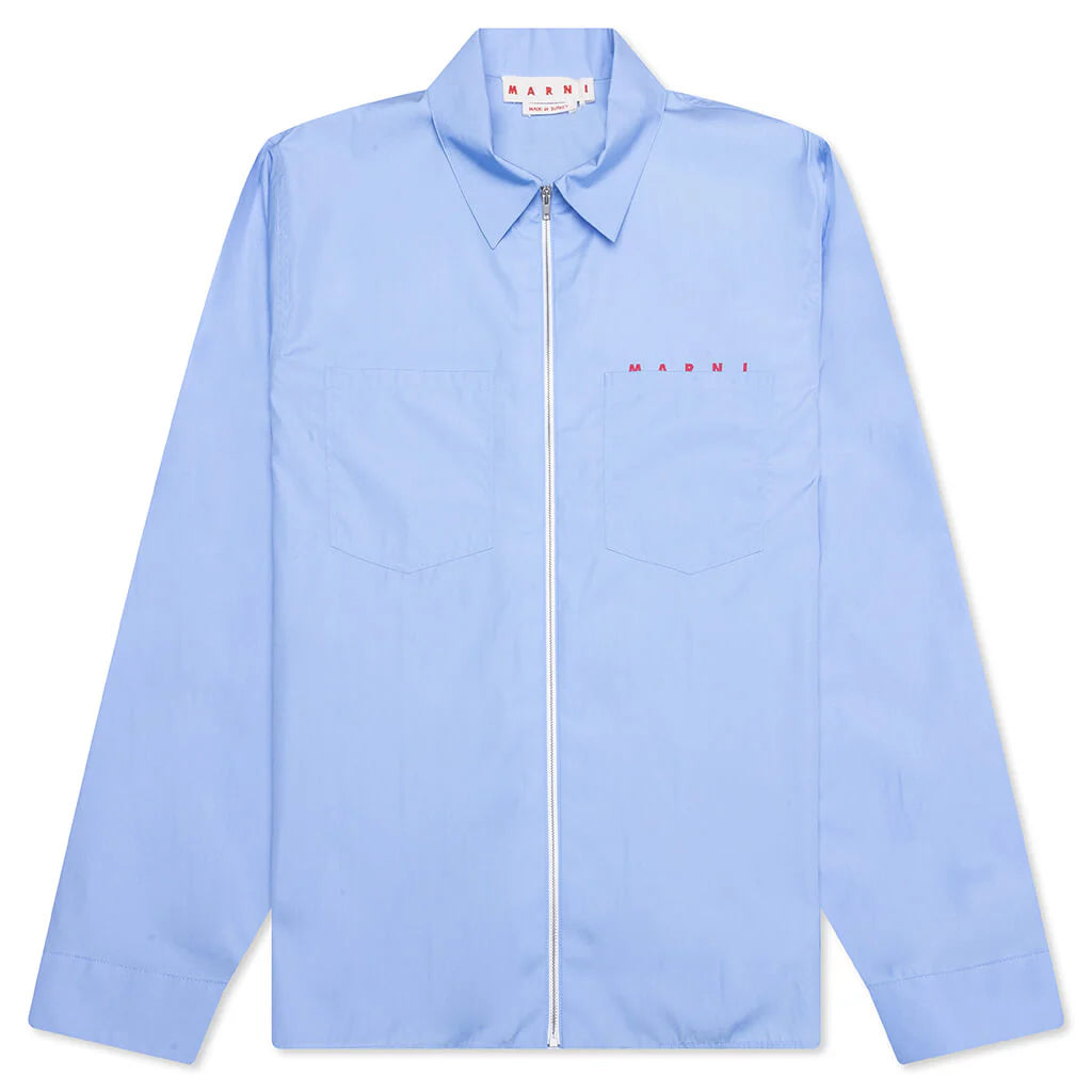 Organic Poplin Zip Shirt With Hidden Logo Iris Blue