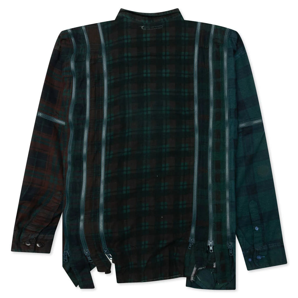 Flannel Shirt 7 Cuts Zipped Wide Shirt Over Dye Green