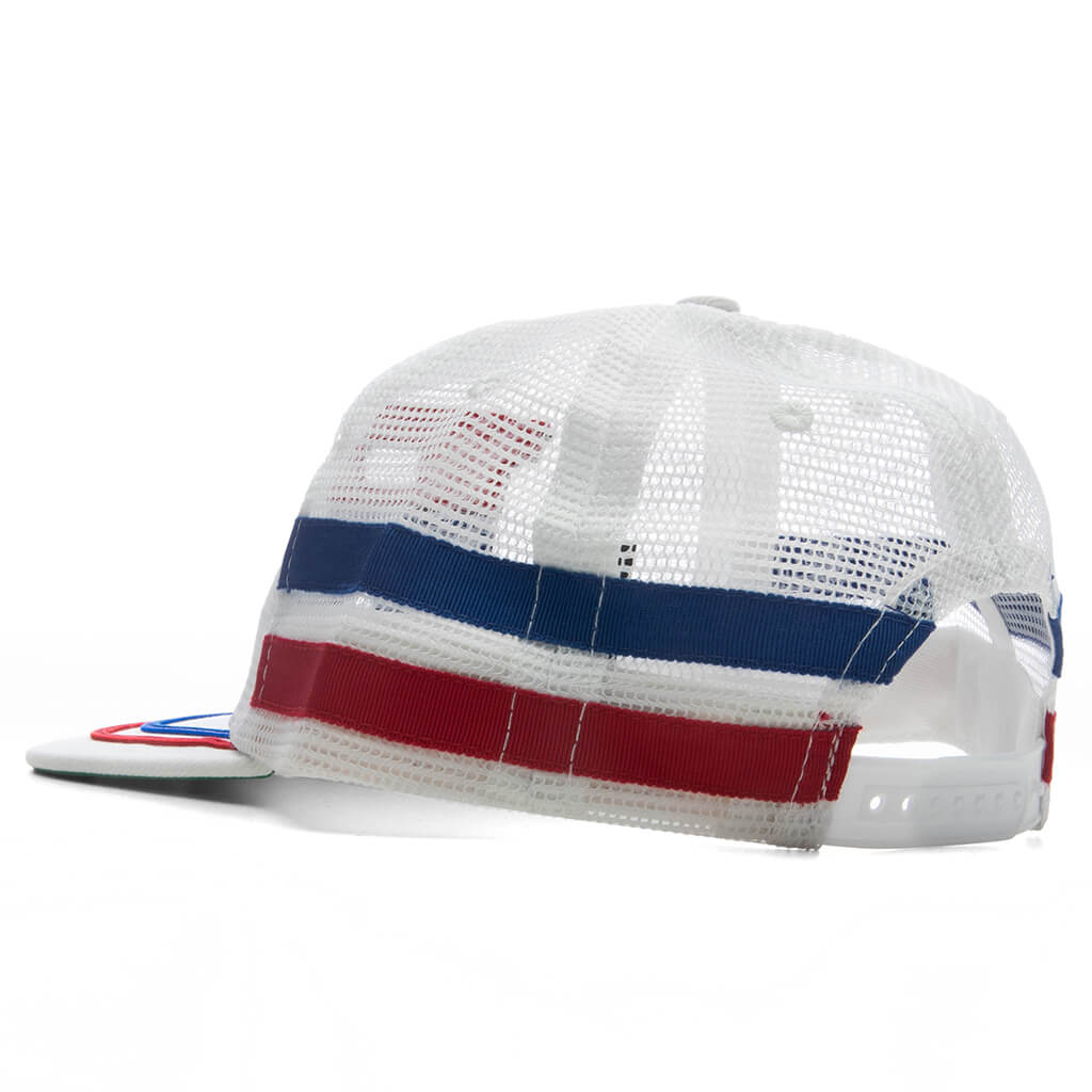 Split Petrol Logo Mesh Trucker Hat White Red Blue