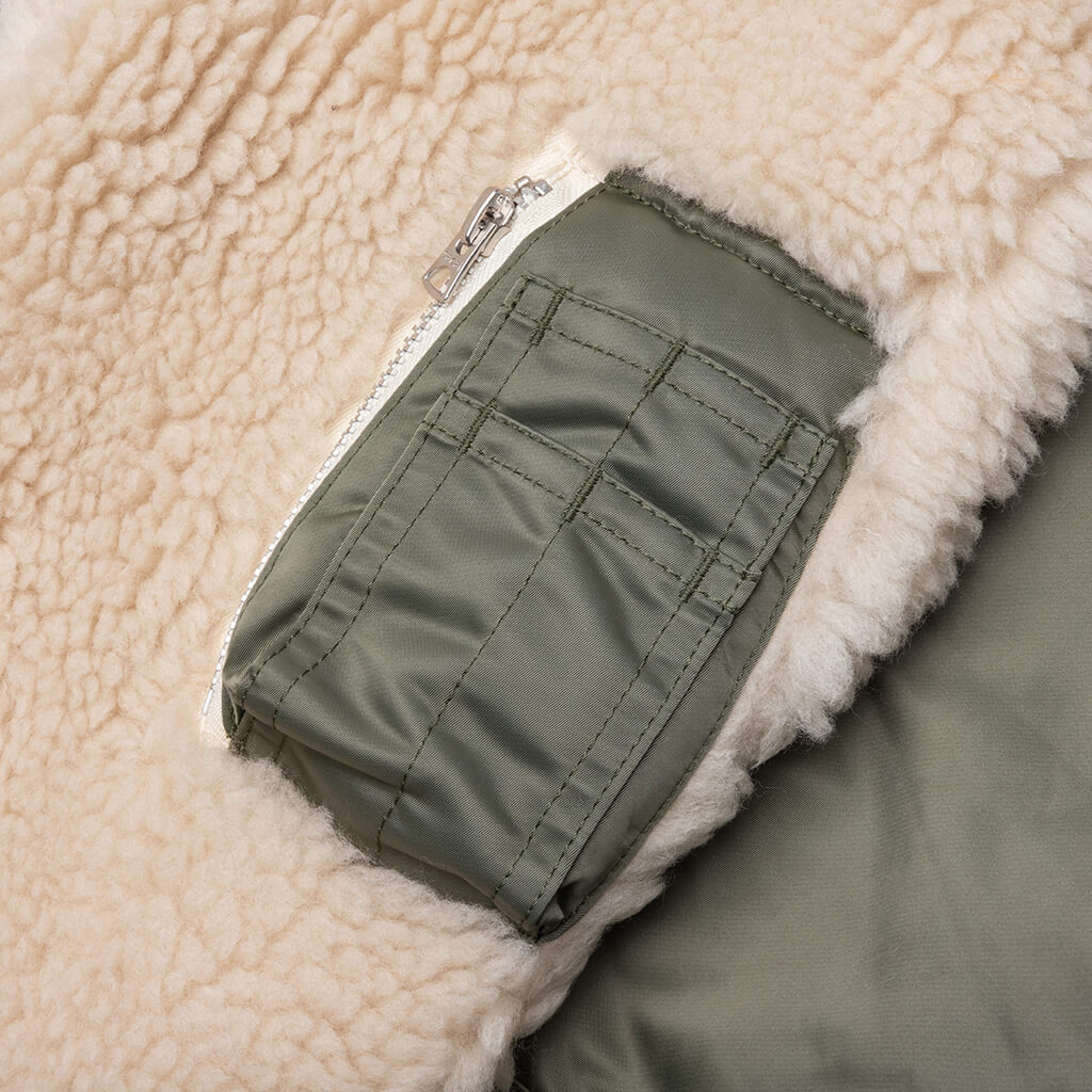 Faux Shearling Nylon Twill Blouson Khaki Ecru