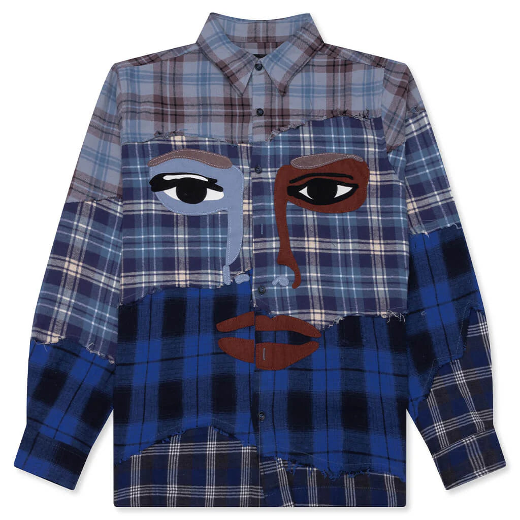 Face Patchwork Flannel Blue Multi