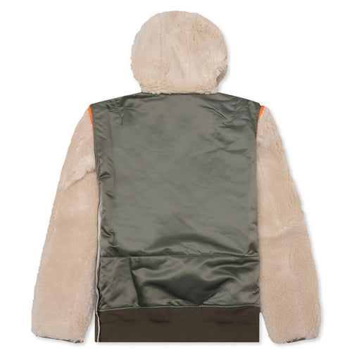 Faux Shearling Nylon Twill Blouson Khaki Ecru