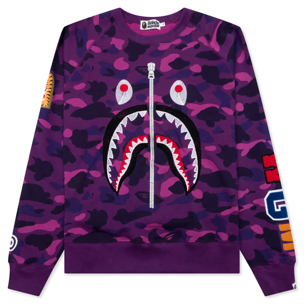 Color Camo Embroidery Shark Crewneck Purple