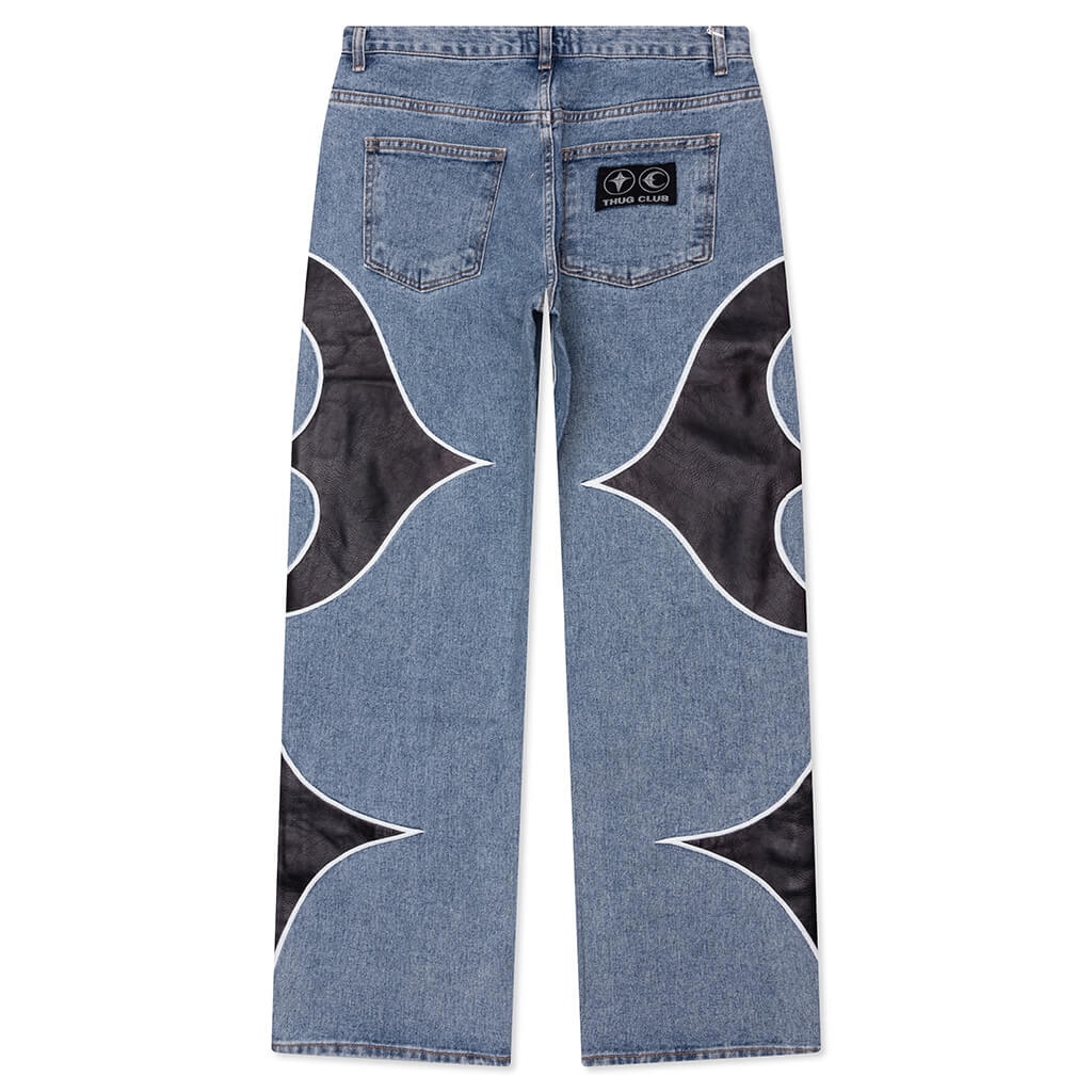 Leather Washing Denim Pants Blue