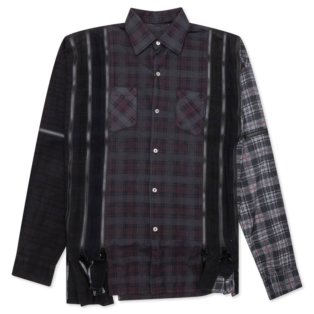 Flannel Shirt 7 Cuts Zipped Wide Shirt Over Dye Black