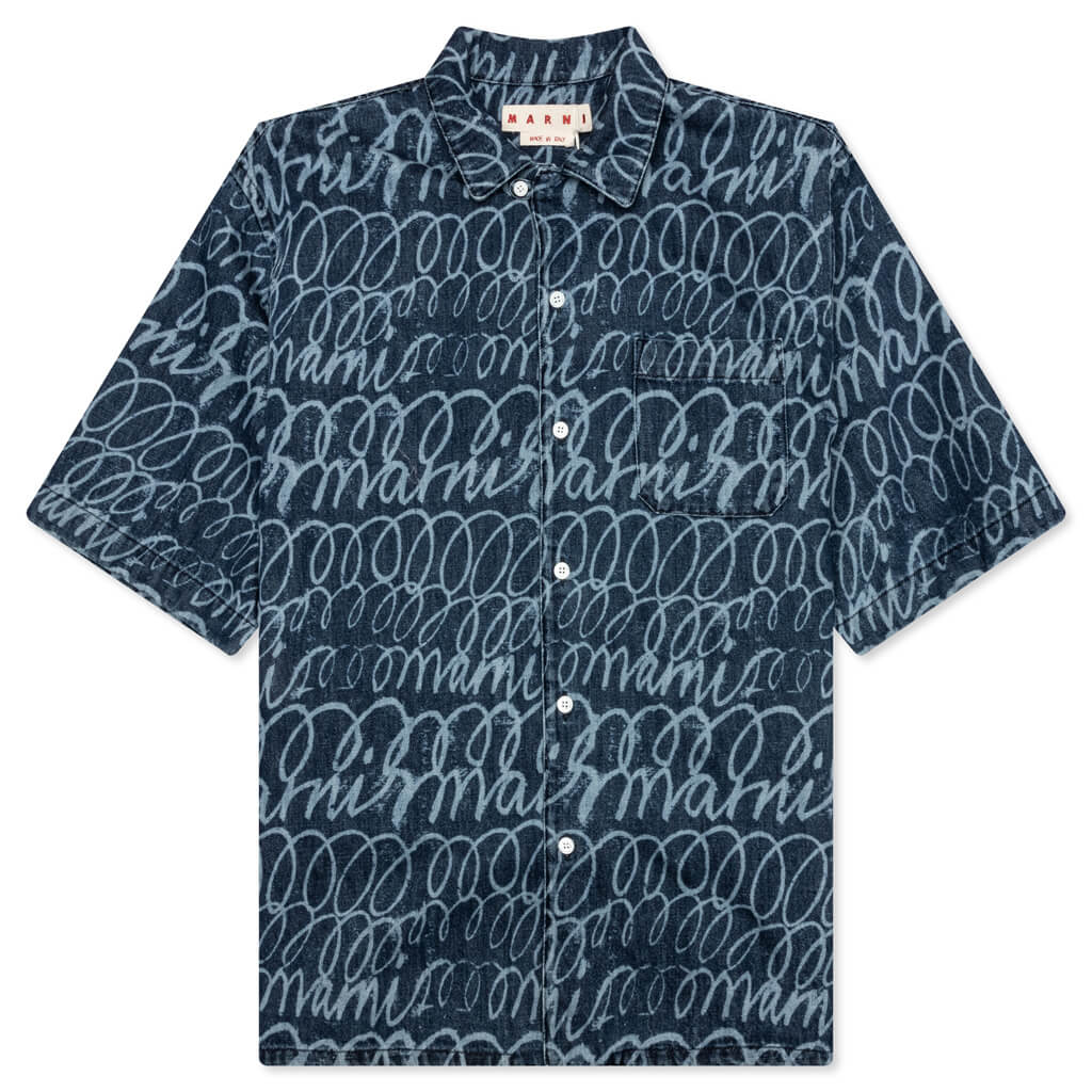 Bleached Echoes Organic Poplin Bowling Shirt Blue Kyanite