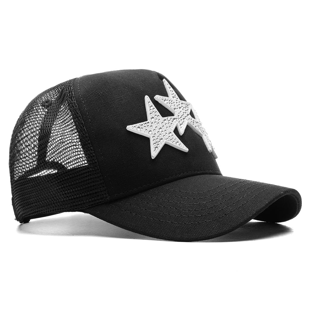 Crystal 3 Star Trucker Hat Black White