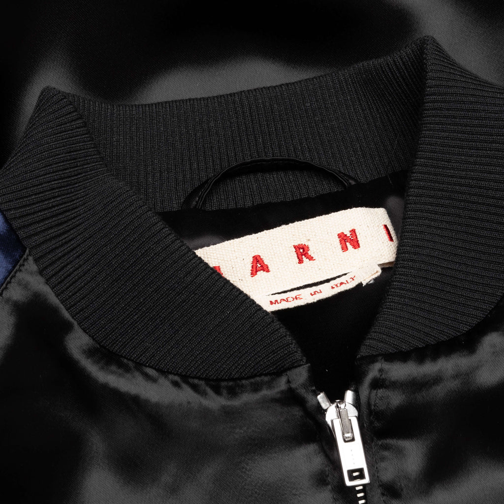 Black Satin Bomber with Beaded Logo Black