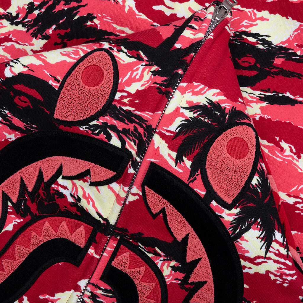 Palm Tree Camo Relaxed Fit Shark Full Zip Hoodie Red