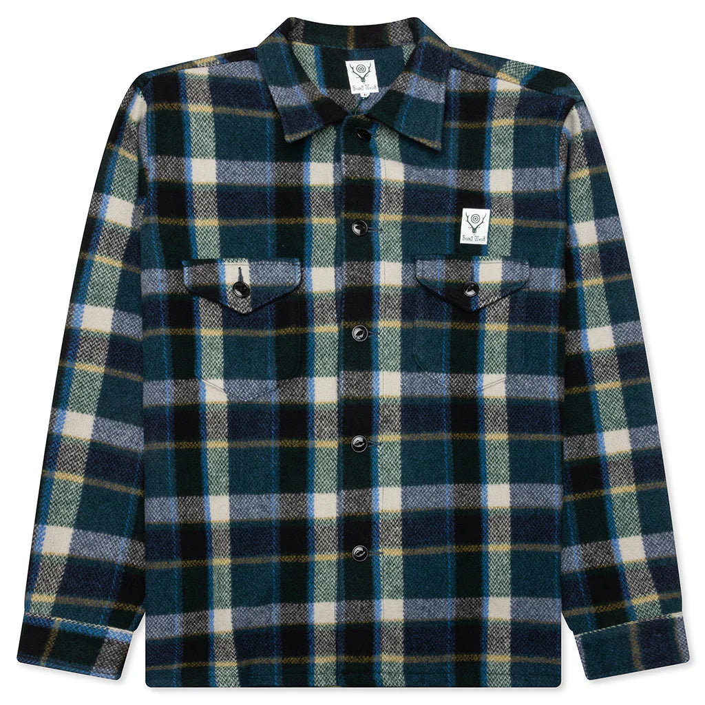 Smokey Wool Melton Plaid Shirt Green