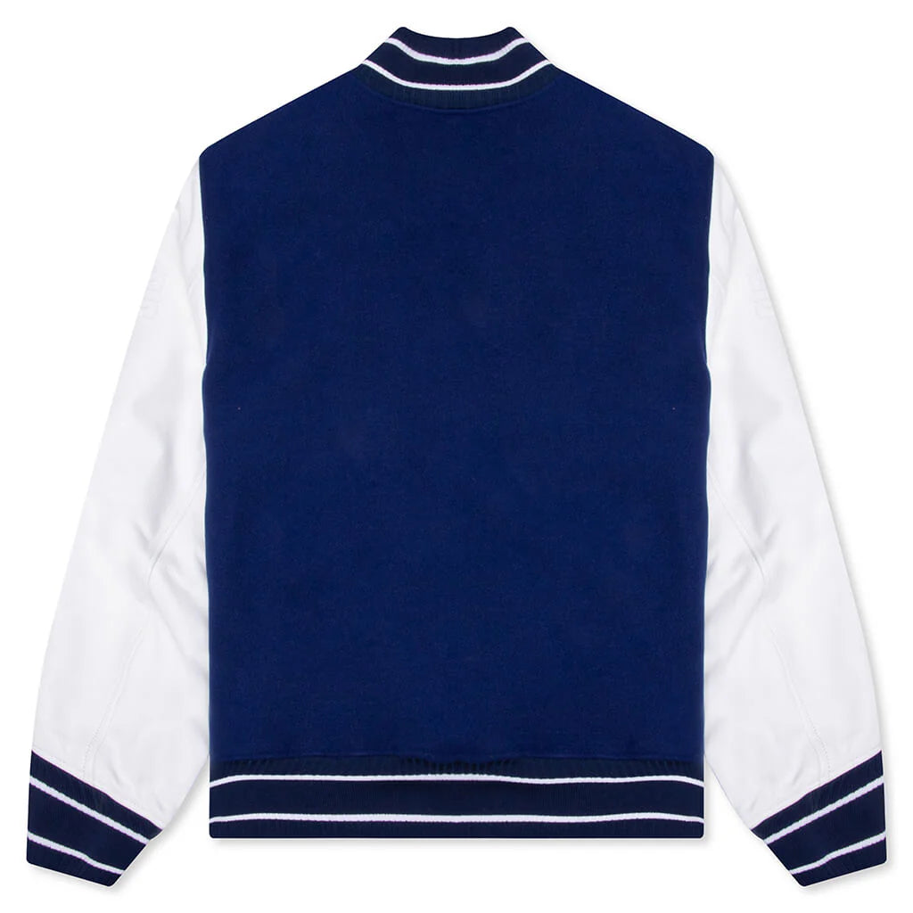 Big Varsity Bomber in Wool and Leather Blue White