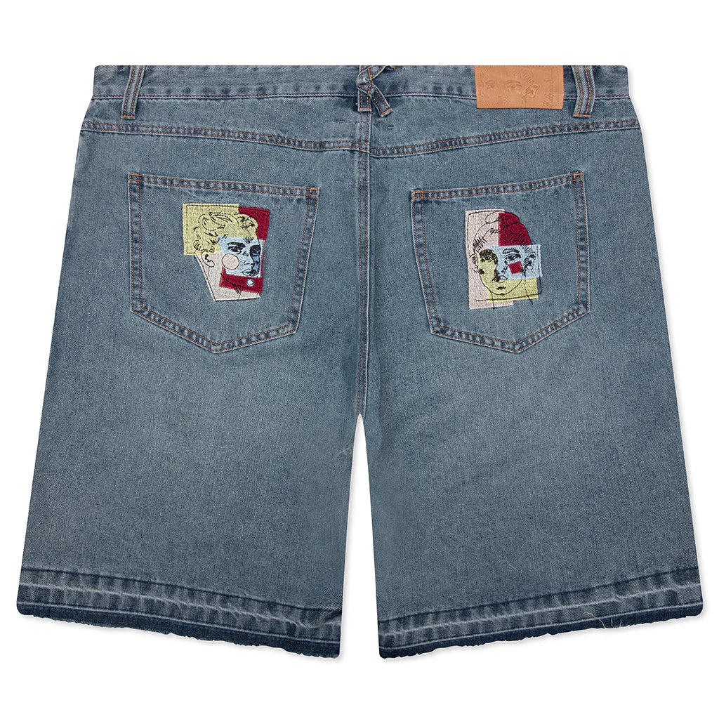 Face Patchwork Baggy Shorts Light Wash