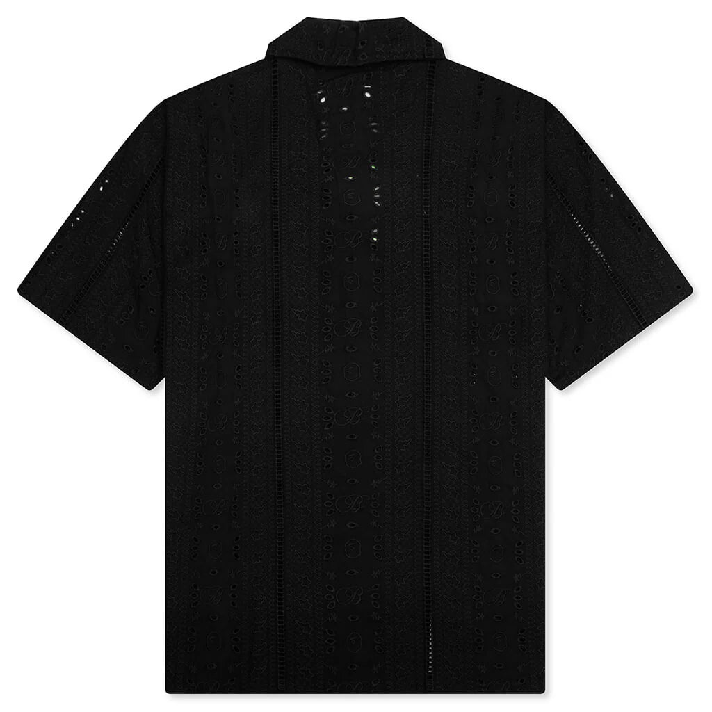 Embroidery Open Collar S S Shirt Black