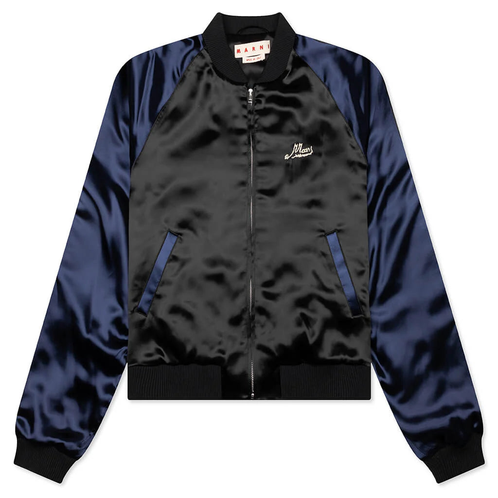 Black Satin Bomber with Beaded Logo Black