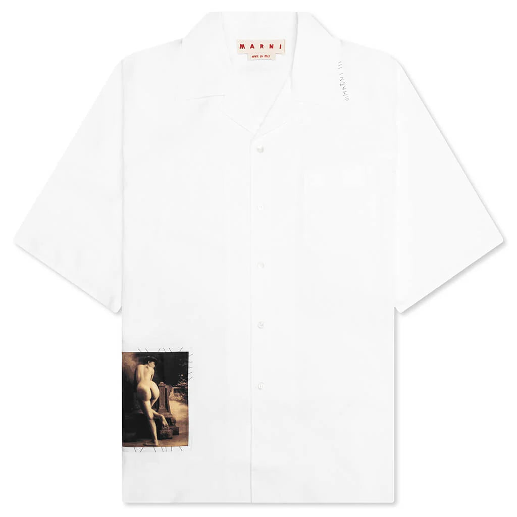 Poplin Bowling Shirt with Mended Patch Lily White