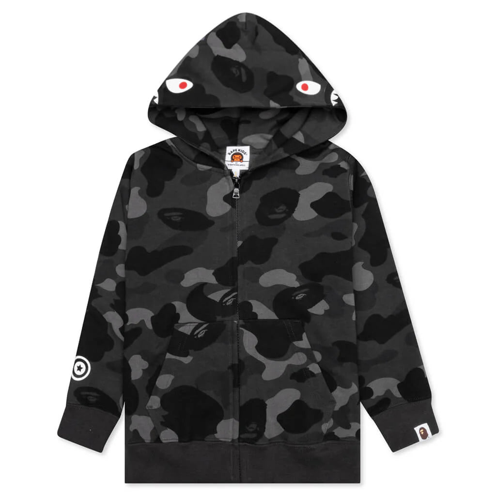 Kids Color Camo Shark Zip Hoodie Black