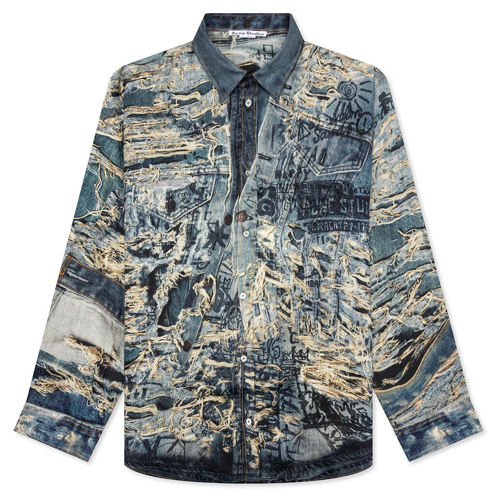 Trompe Loeil Distressed Denim Print Button Up Fn Mn Shir000872 Denim Blue