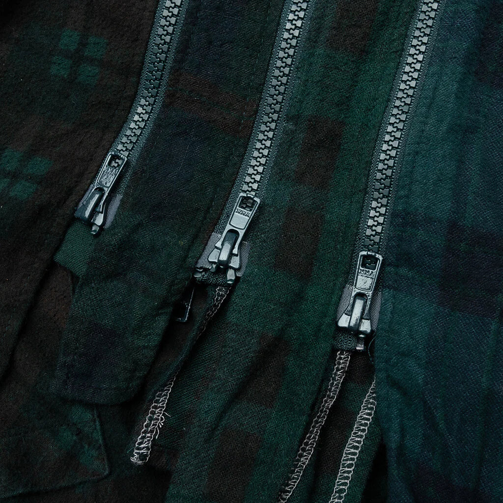 Flannel Shirt 7 Cuts Zipped Wide Shirt Over Dye Green