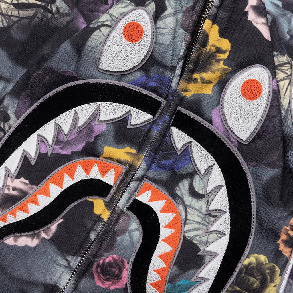 Floral Camo Shark Relaxed Fit Full Zip Hoodie Black